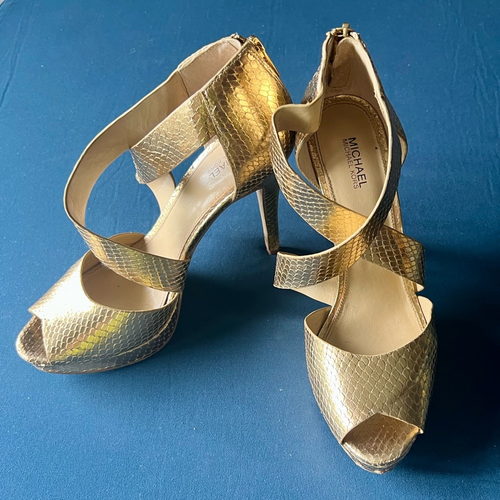 Michael Kors Gold Peep-Toe Heels with Ankle Strap size 8M